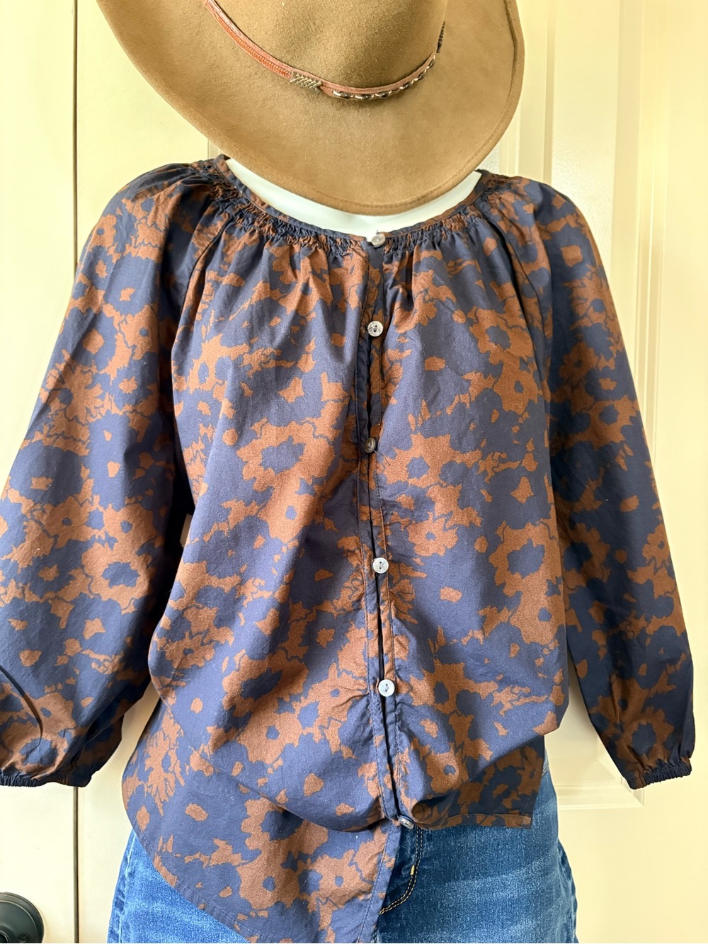 Navy & Brown Button-Front Peasant Top, Size XXL, 100% cotton